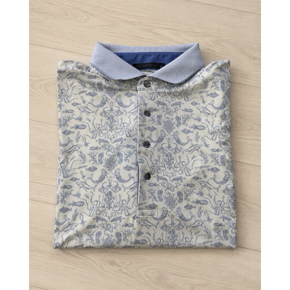Greyson Ocean Curiosities Polo Shirt Men's XL Blue Marine Print Golf Cowboys